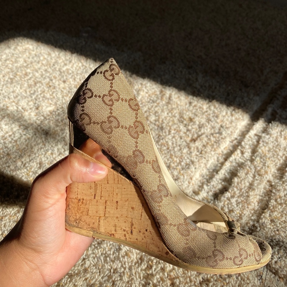 100% Authentic Gucci monogram logo wedge heels.